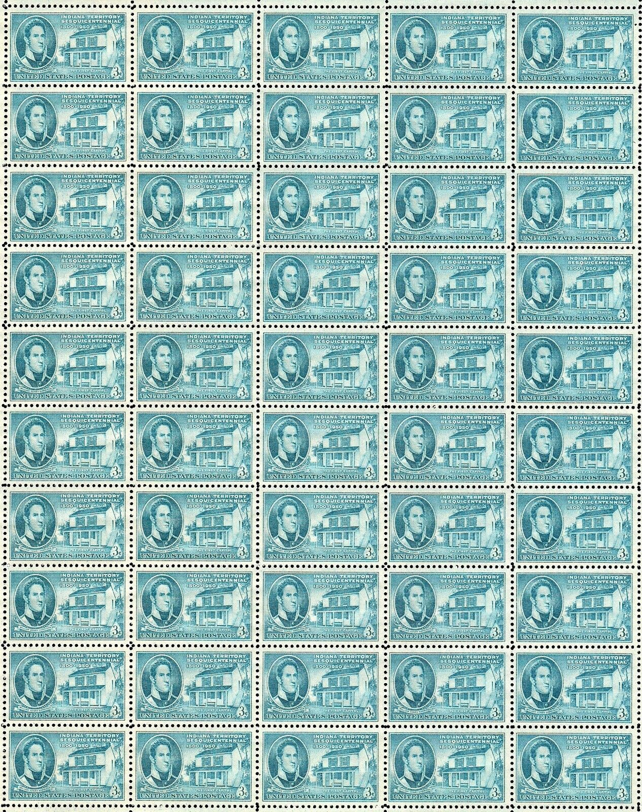 1950 - INDIANA TERRITORY - Vintage Full Mint Sheet of 50 U.S. Postage Stamps