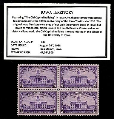 1938 - IOWA TERRITORY - Vintage Mint -MNH- Block of Four Postage Stamps