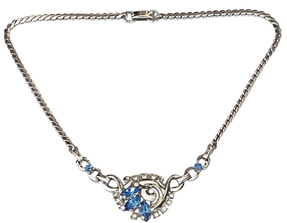 VTG Art Deco Louis Stern Blue Rhinestone Necklace with Silver Curb Chain 16L
