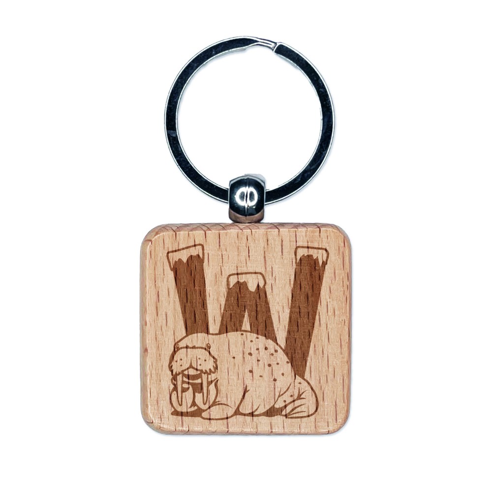 Animal Alphabet Letter W for Walrus Engraved Wood Square Keychain Tag Charm