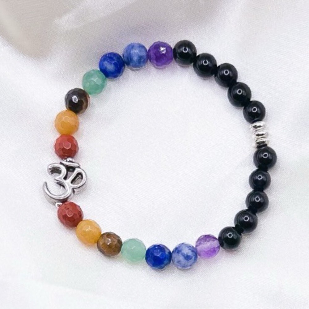Chakra Healing Bracelet with Om Charm and Black Onyx Crystal for Yoga and Spiritual Gifts