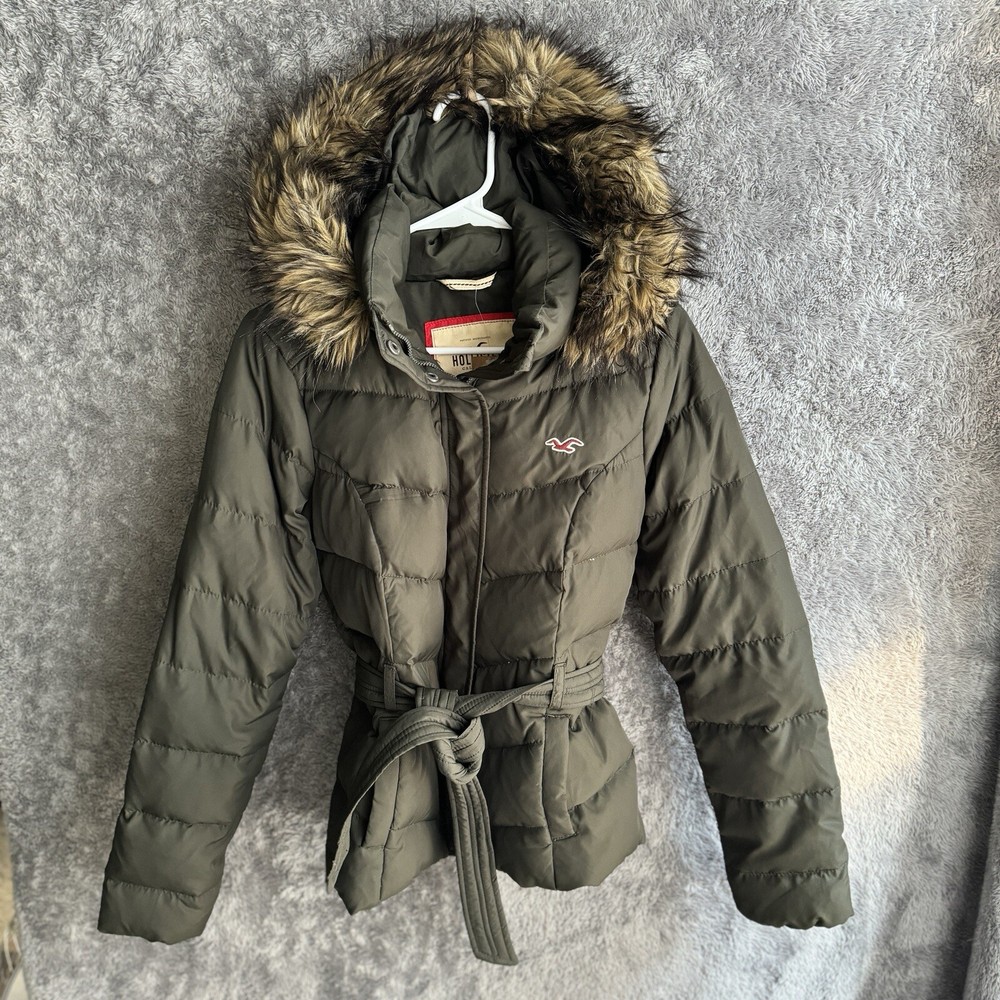 HOLLISTER Abercrombie Jacket Betty’s Junior M Olive Fur Trim Hood Down Coat
