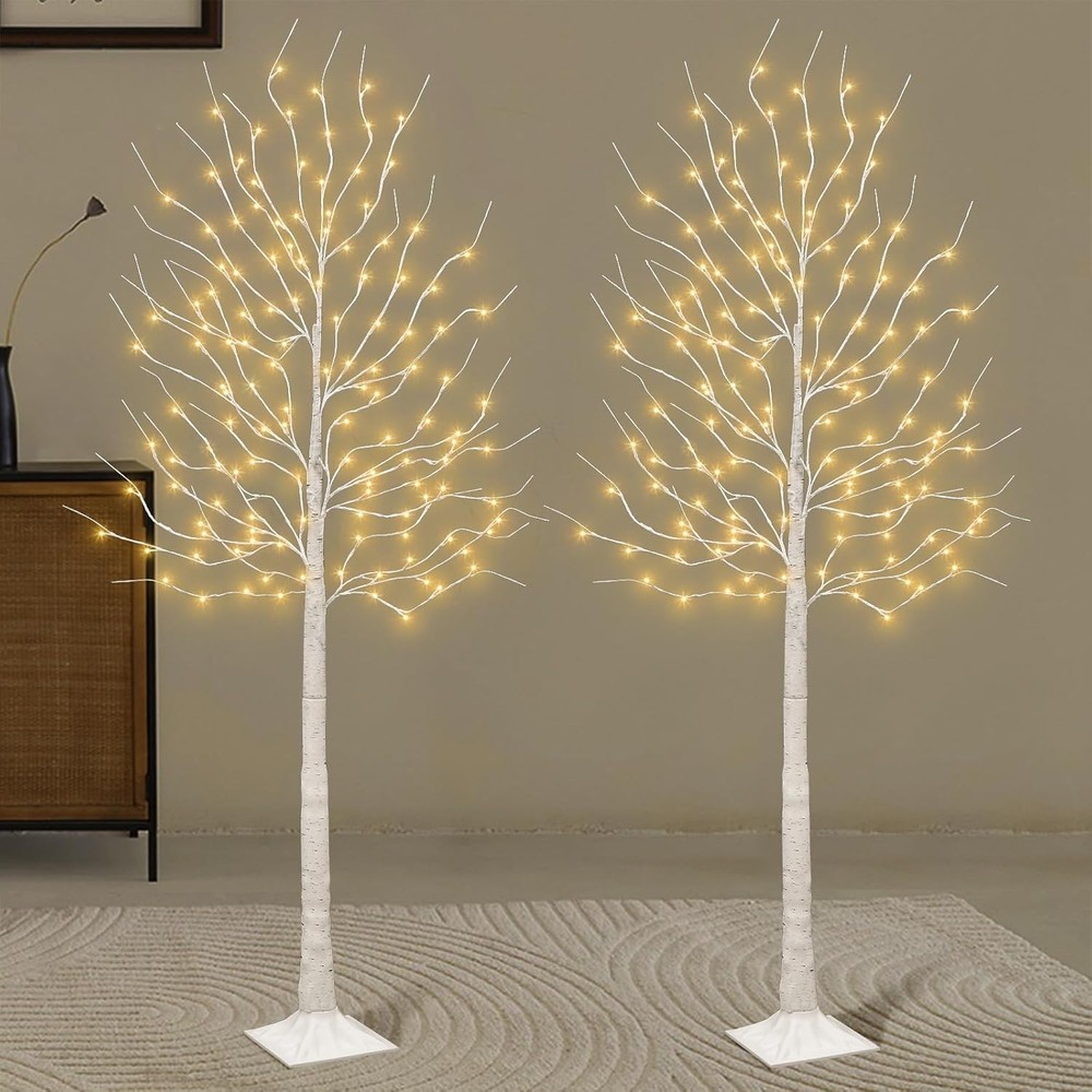 Set of 2 6ft LED Warm White Birch Trees with 160 Lights for White or Yellow Decor