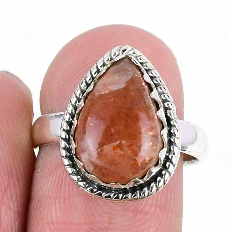 Halloween Deal Sunstone Stone Solid Sterling Silver Cluster Ethnic Ring Size 8