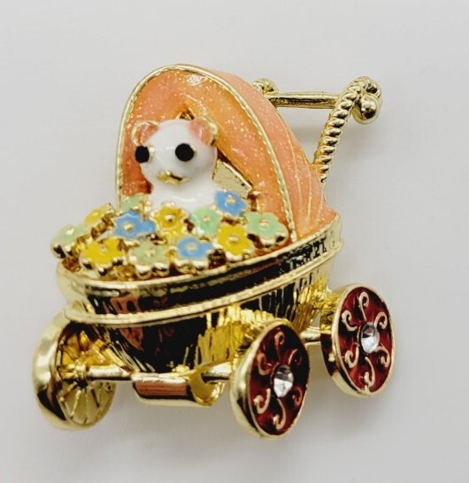 Baby Stroller Carriage Brooch Pin Enamel Floral Flower Baby Animal Adorable