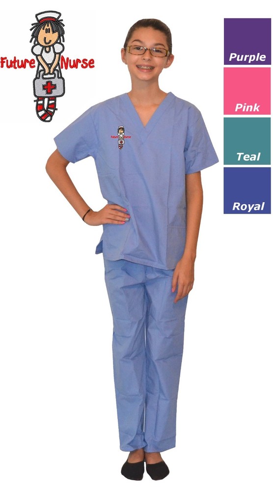 Future Nurse Embroidered Kids Scrubs in Pink Blue Purple Green