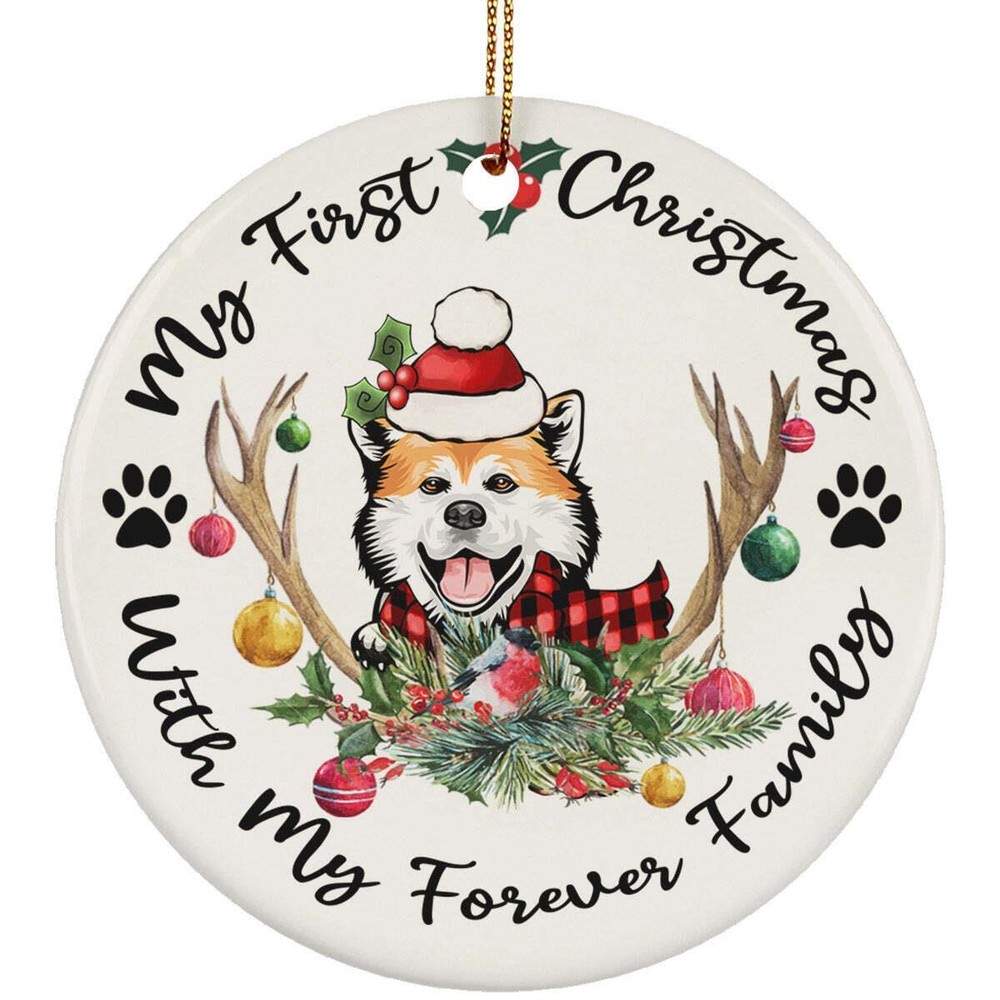 My First Christmas Akita Dog With Deer Anlters Ornament Gift Tree Decor Hanging