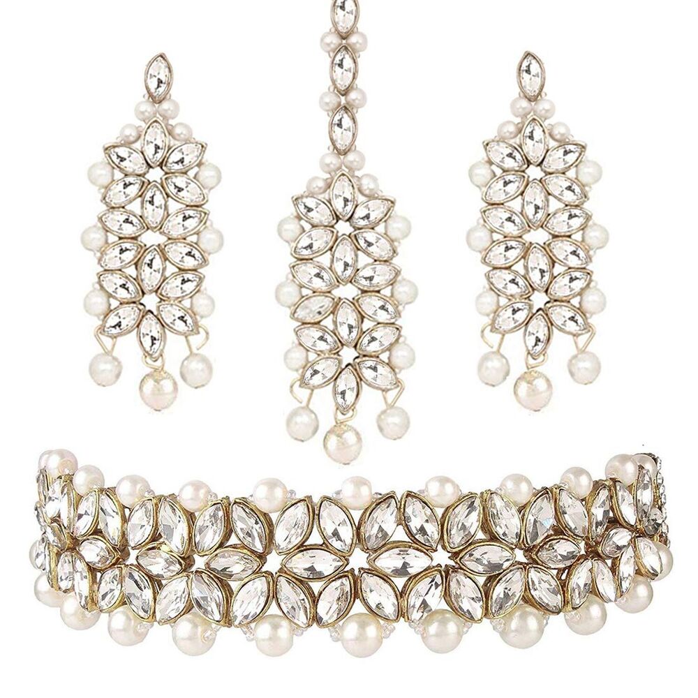 Aheli Gold Plated Kundan Jewelry Necklace with Earring Set Gift for Women White