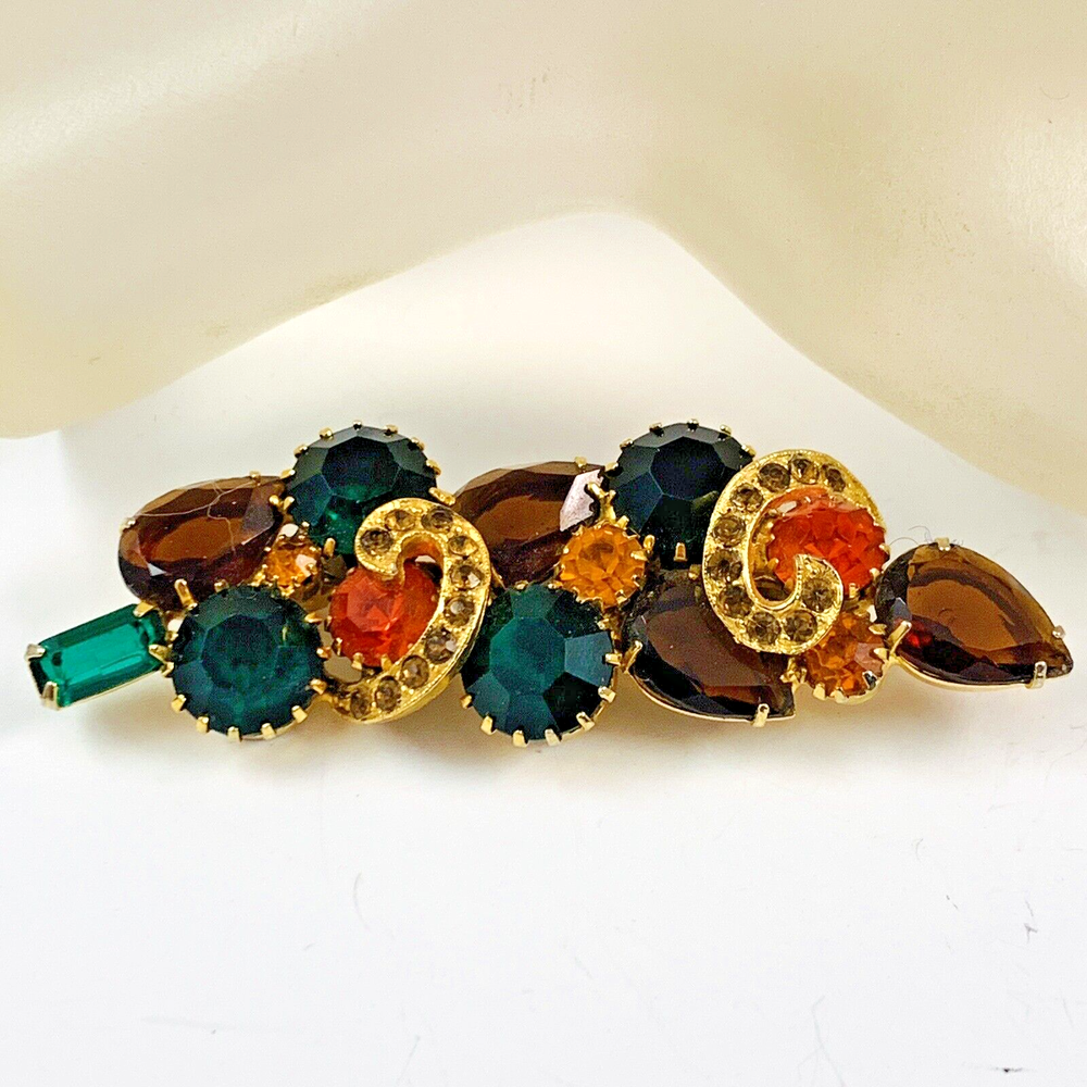 Vintage Green Orange Brown Rhinestone Gold Tone Brooch Estate Jewelry Pin  