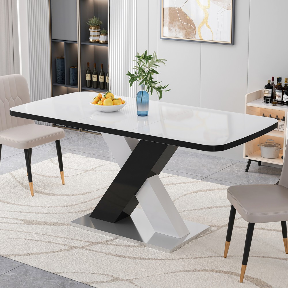 Modern White Square Dining Table with Stretchable MDF Top & Black X-Shape Base