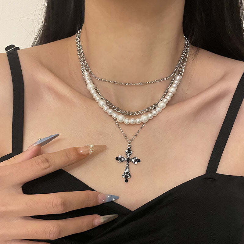 Fashion Personalized Multi-Layered Pearl Cross Pendant Necklace Clavicle Chain