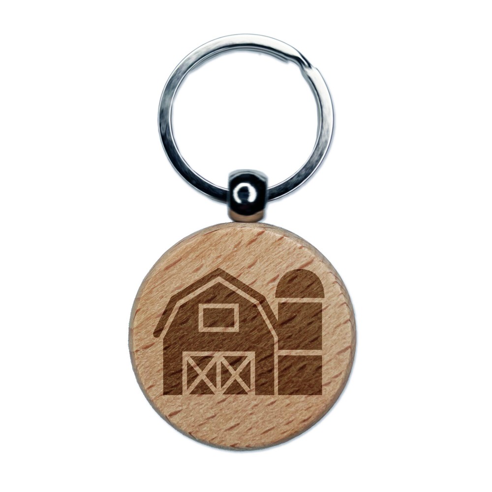 Farm Barn with Silo Engraved Wood Round Keychain Tag Charm