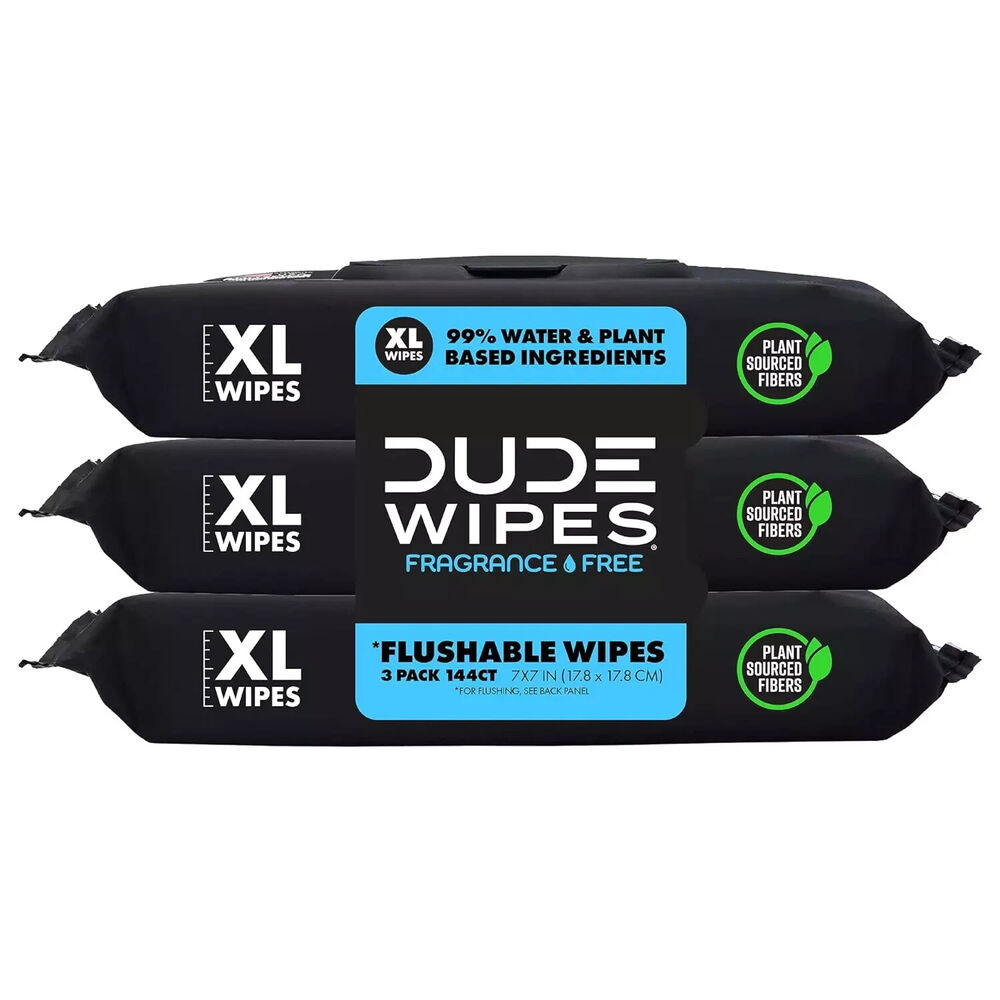 DUDE Wipes - Flushable Wipes - 3 Pack, 144 Wipes - Unscented Extra-Large Adult W