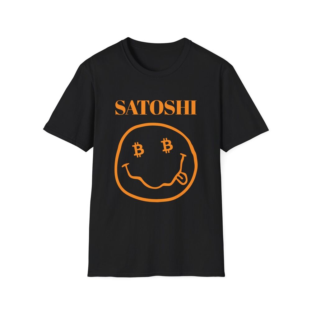 Satoshi Grunge Bitcoin T-Shirt with BTC Smiley Face Crypto Tee-image
