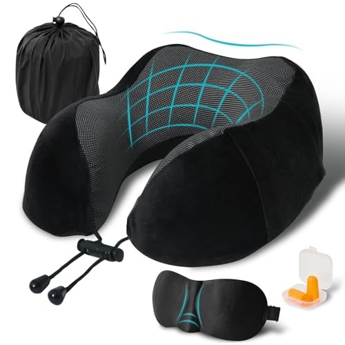Memory Foam Travel Neck Pillow - U-Shaped Support for Planes & Cars - Black