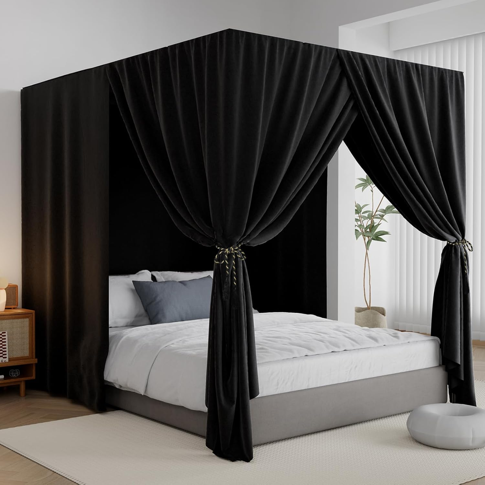 Black Canopy Bed Curtains - 4 Corner Post Bed Curtains Queen Lightproof Drapes B