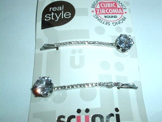 PAIR WHITE CUBIC ZIRCONIA SCUNCI SILVER BOBBY PINS NEW W TAG