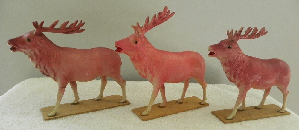 3 Vintage Christmas Japan Santa's Celluloid Red Reindeer, Xmas  Deer