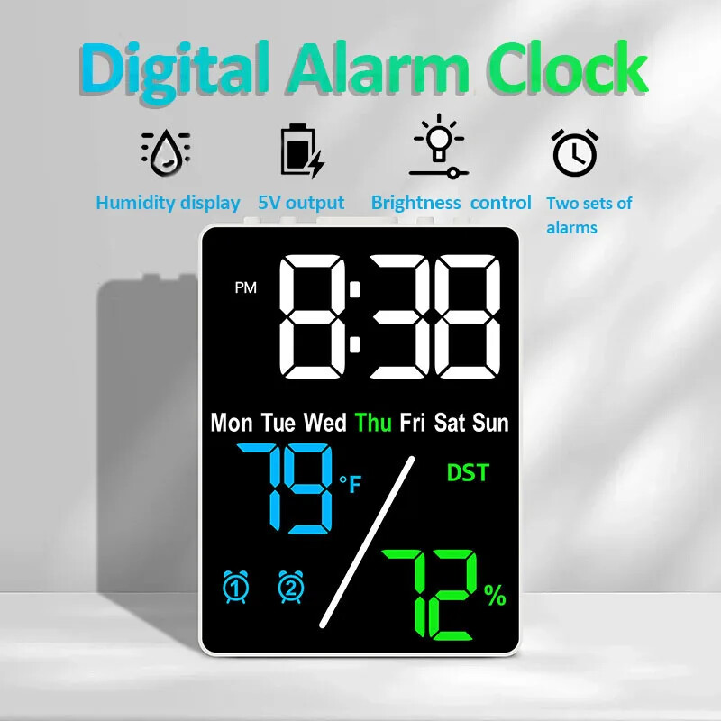 Multifunctional Digital Alarm Clock with Large Screen, Humidity & Brightness Adjustment