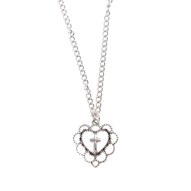 Silver Tone Chain Filigree Heart Love and for Cross Necklace Jewelry