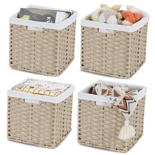 Wicker Storage Baskets for Organizing 4-Pack Hand-Woven Imitation Wicker Cube