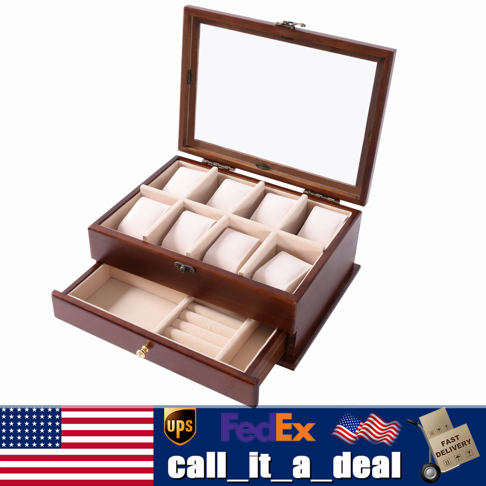 2 Layer Wooden Watch Box with Jewelry Display Drawer Storage Case