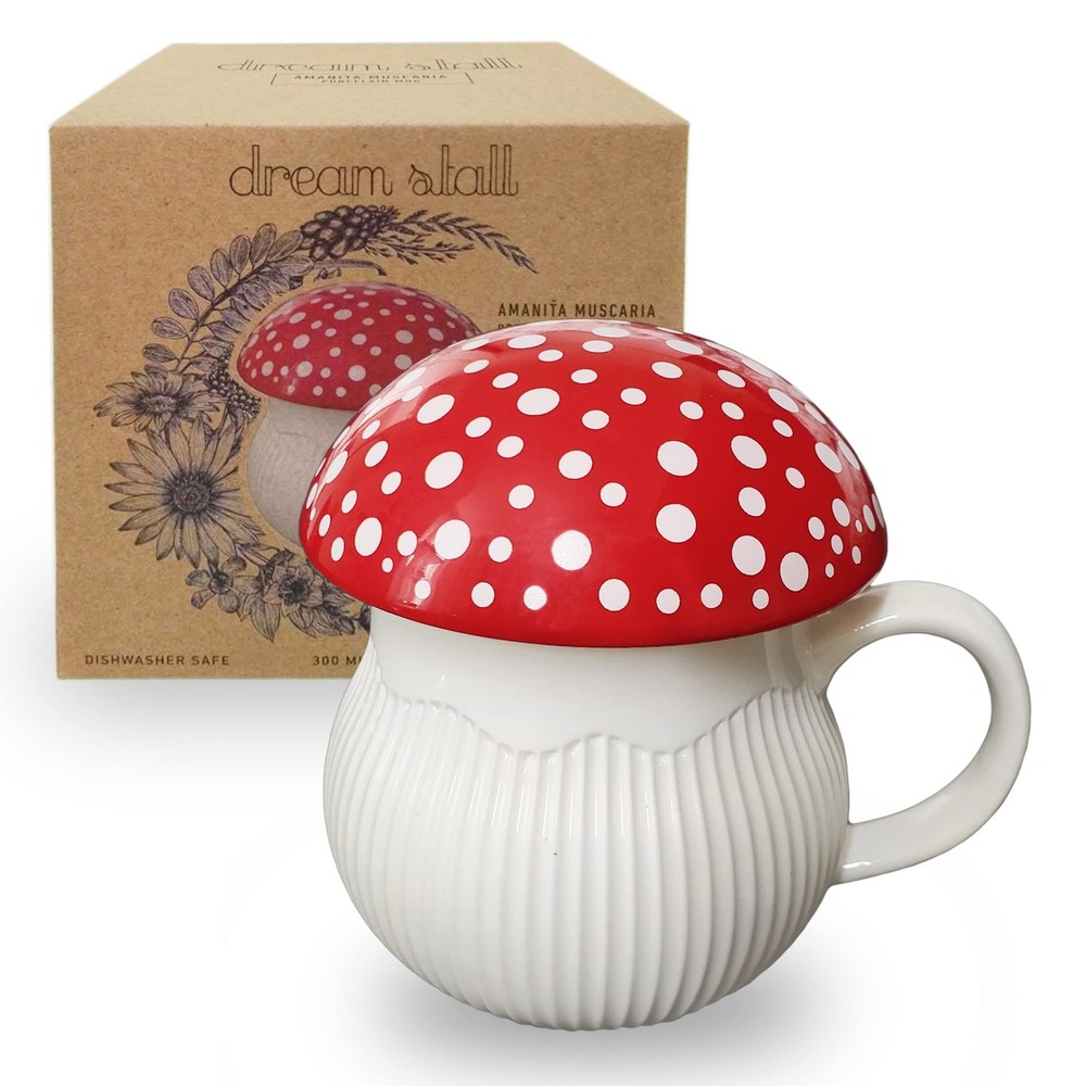 Mushroom-Shaped Stoneware Coffee Mug with Lid in Red – Includes Decorative Gift Box