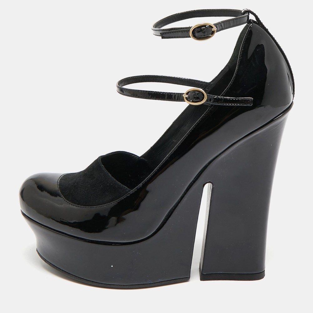 Saint Laurent Black Patent Leather Block Heel Pumps EU 36