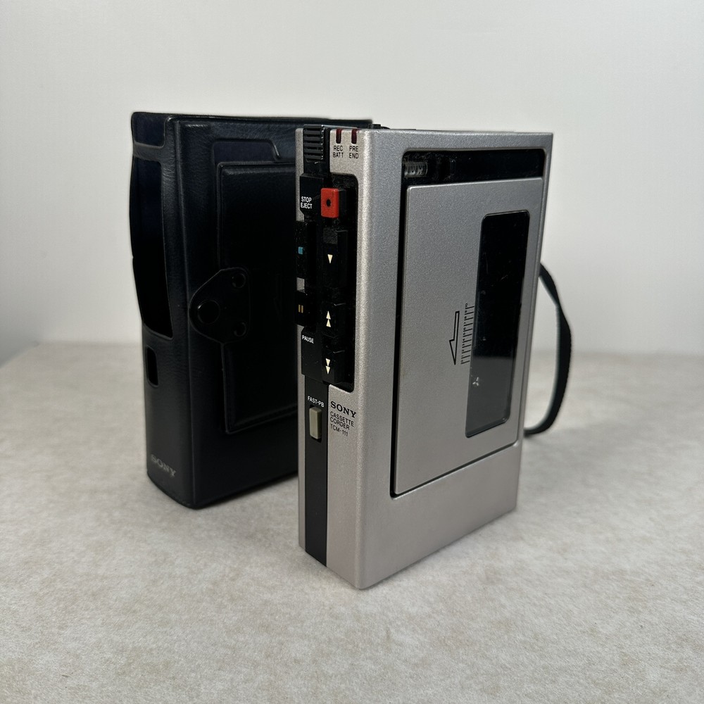 Sony TCM-111 Vintage Silver Metal Cassette Player with Case for Parts or Repair