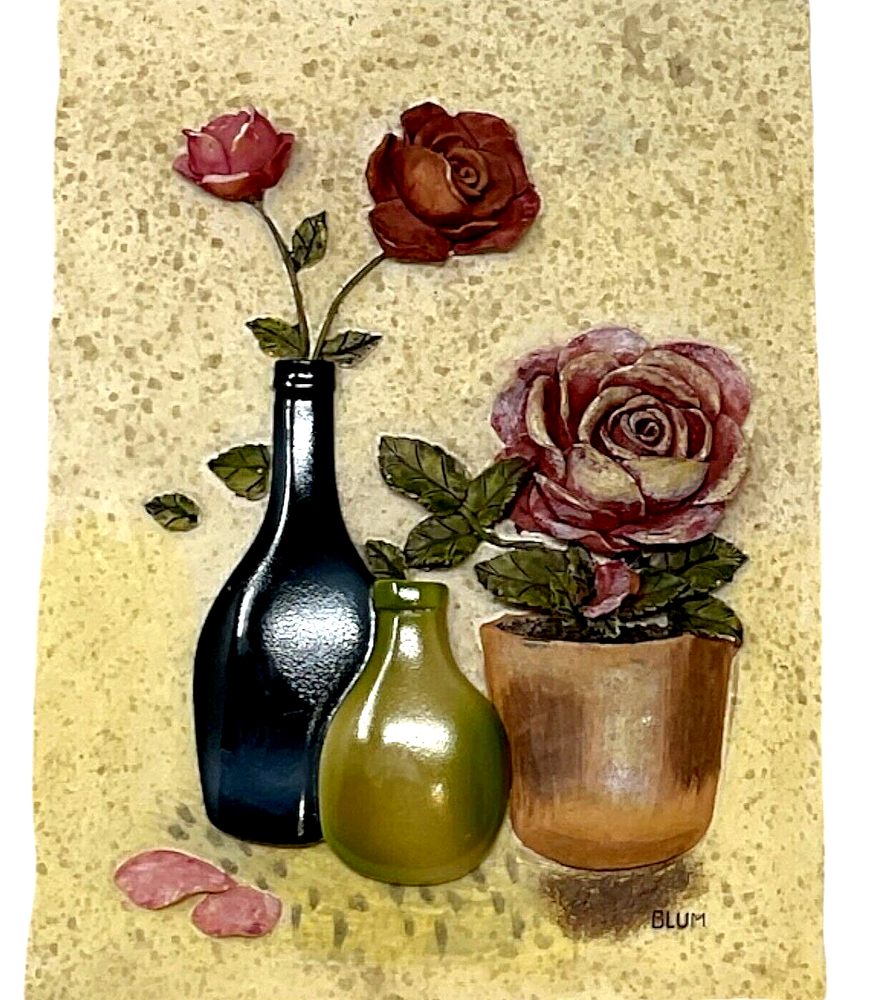 Vintage Cheri Blum 3D Wall Art Ceramic Tile Roses in Acrylic Vases 6.25 Inch
