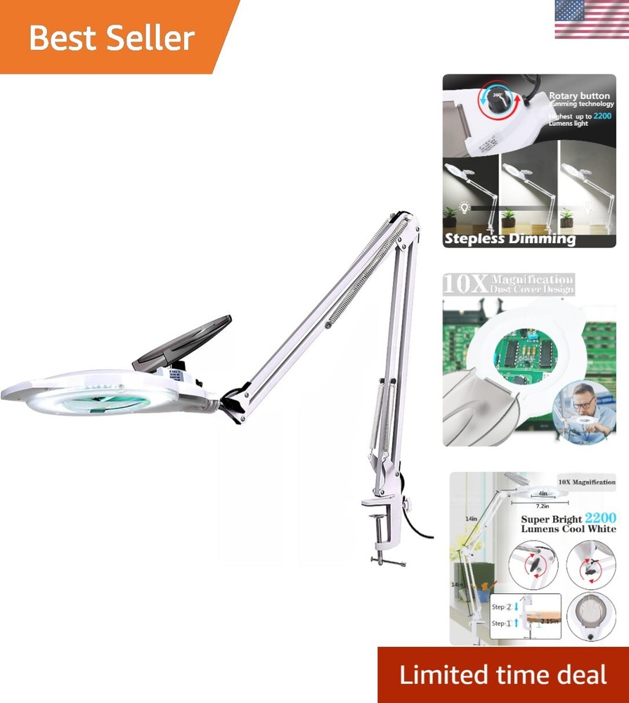 10X Dimmable LED Magnifier with Optical Glass & Clamp for Home or Pro Use