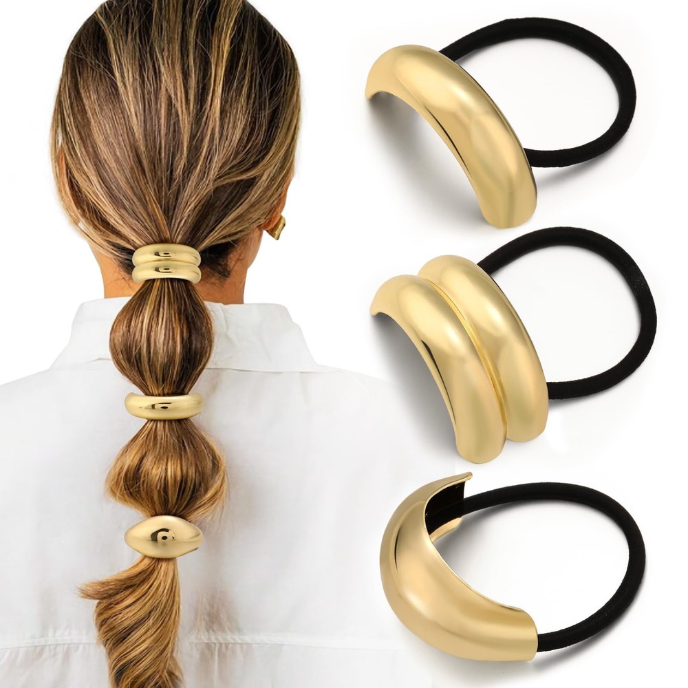 3PCS Gold Geometric Metal Hair Ties for Thick Elegant Durable Hairstyles