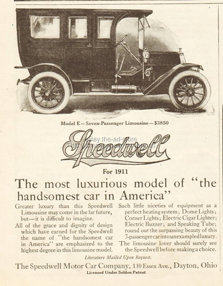 1910 Speedwell Motor Car Co Dayton OH Model E 7-Passenger Limousine $3850 Ad
