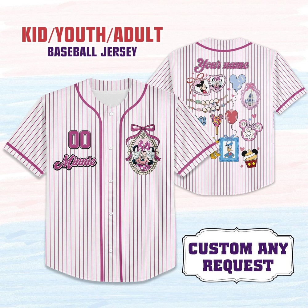 Custom Disney Minnie Mouse Coquette Baseball Jersey for Kids Adults Gift