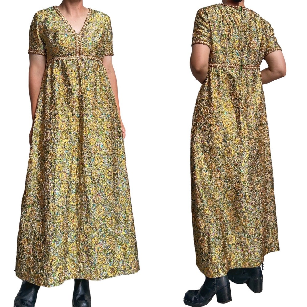 70s Vintage Metallic Brocade Dress Empire Waist Maxi Short Sleeve Flower Print