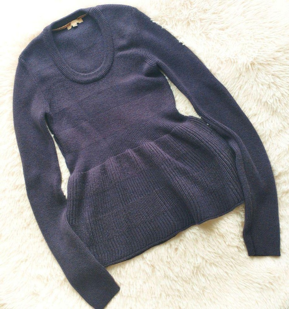 Burberry London Peplum Knit Sweater Purple Extra Merino Wool Size S New