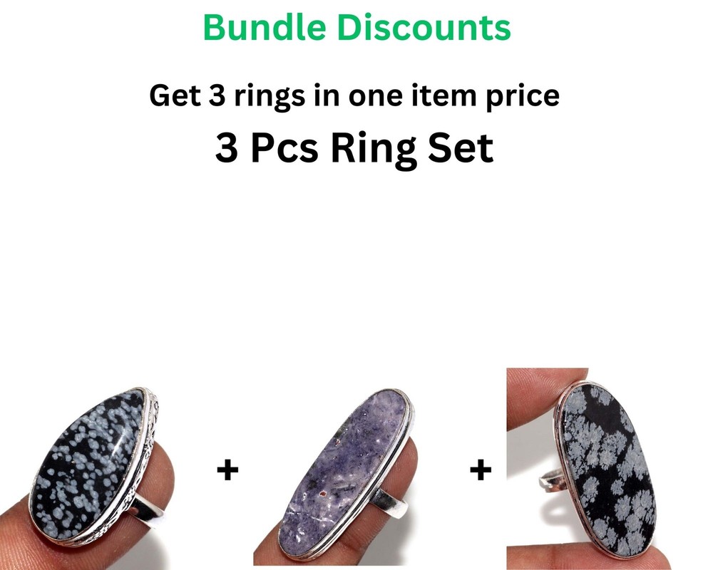 Obsidian Fluorite Ring Set 3 Pcs US Size 7.5 Discount Combo Deal