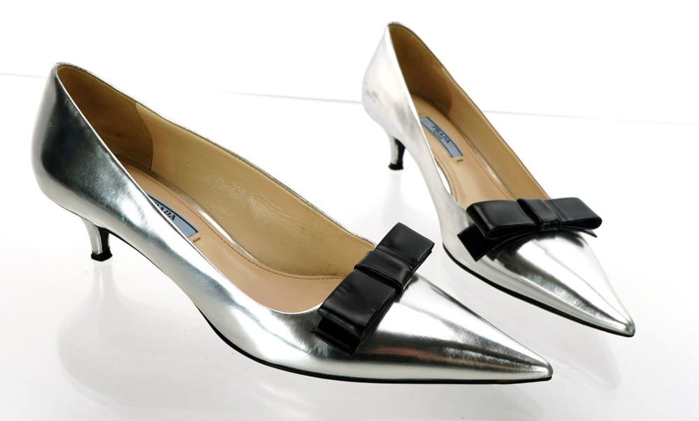 Prada Metallic Silver Black Bow Pump Heels Size US 9 EU 39
