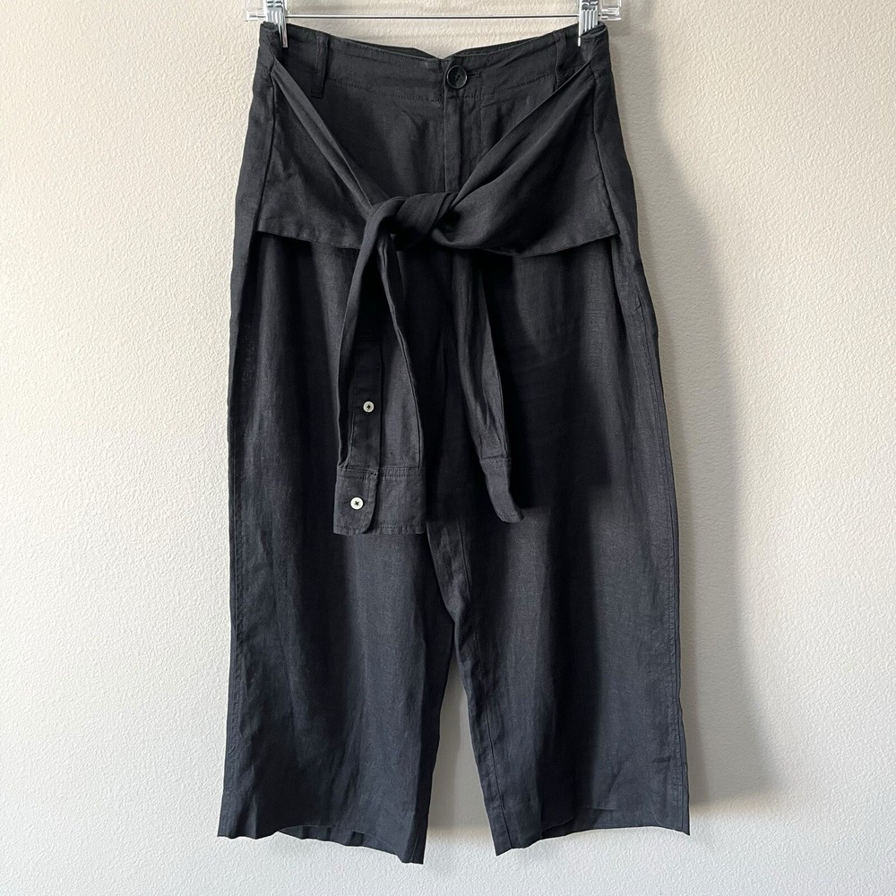 By Anthropologie Black 100% Linen Shirt-Tie Capri Pants Size 2 NEW Old Money