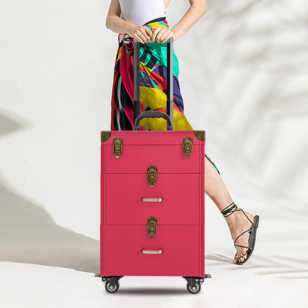 3 Layers Portable Makeup Train Case Rolling Luggage For Cosmetic Case Storage