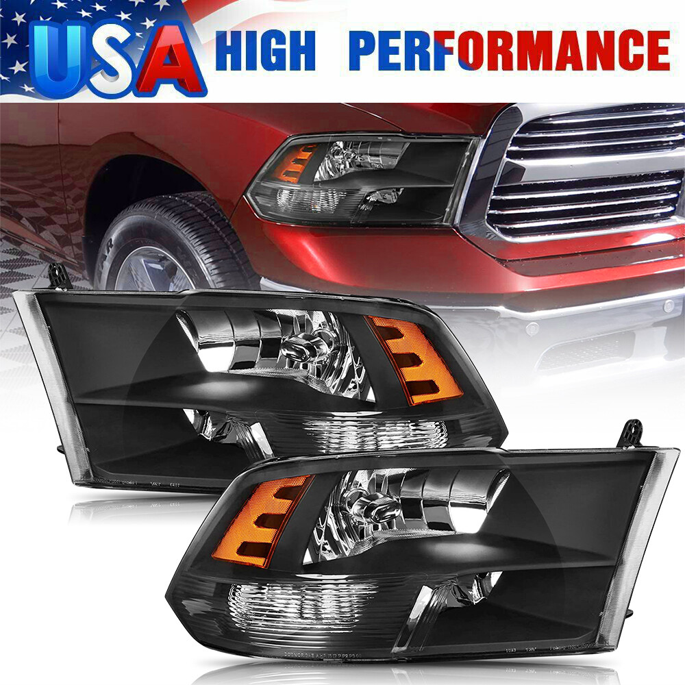 Black Headlights Fit 09-18 Dodge Ram 1500 2500 3500 Lamps Drive LH +Passenger RH