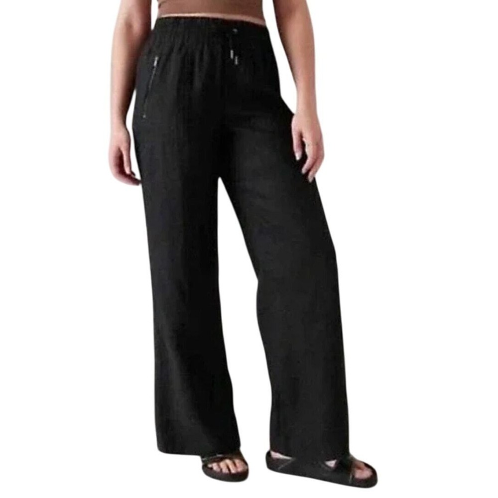 Athleta Womens CABO 100% LINEN Wide Leg Zip Pockets Size 8 Black s/447244*03