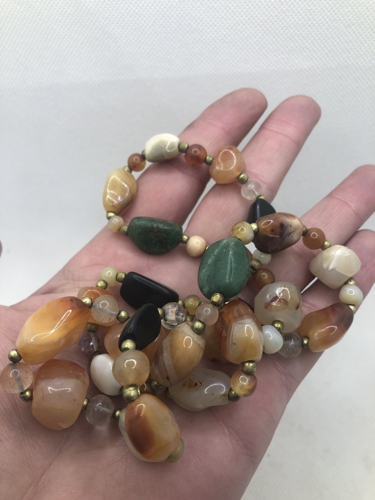 Vintage 1960s Boho Necklace with Polished Semi-Precious Gemstone Beggar Beads