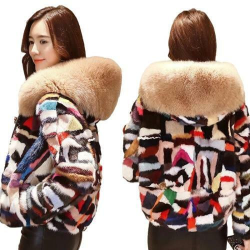 Winter Women Real Mink Fur Coat Big Fox Fur Collar Hooded Colorful Jacket Warm L
