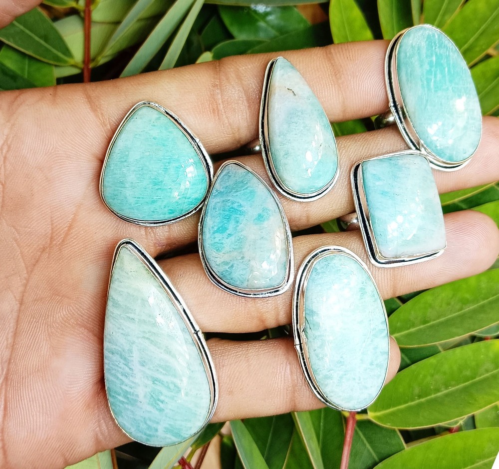 Amazonite Gemstone Rings Lot 50pcs 925 Sterling Silver Plated Jewelry Gift-image