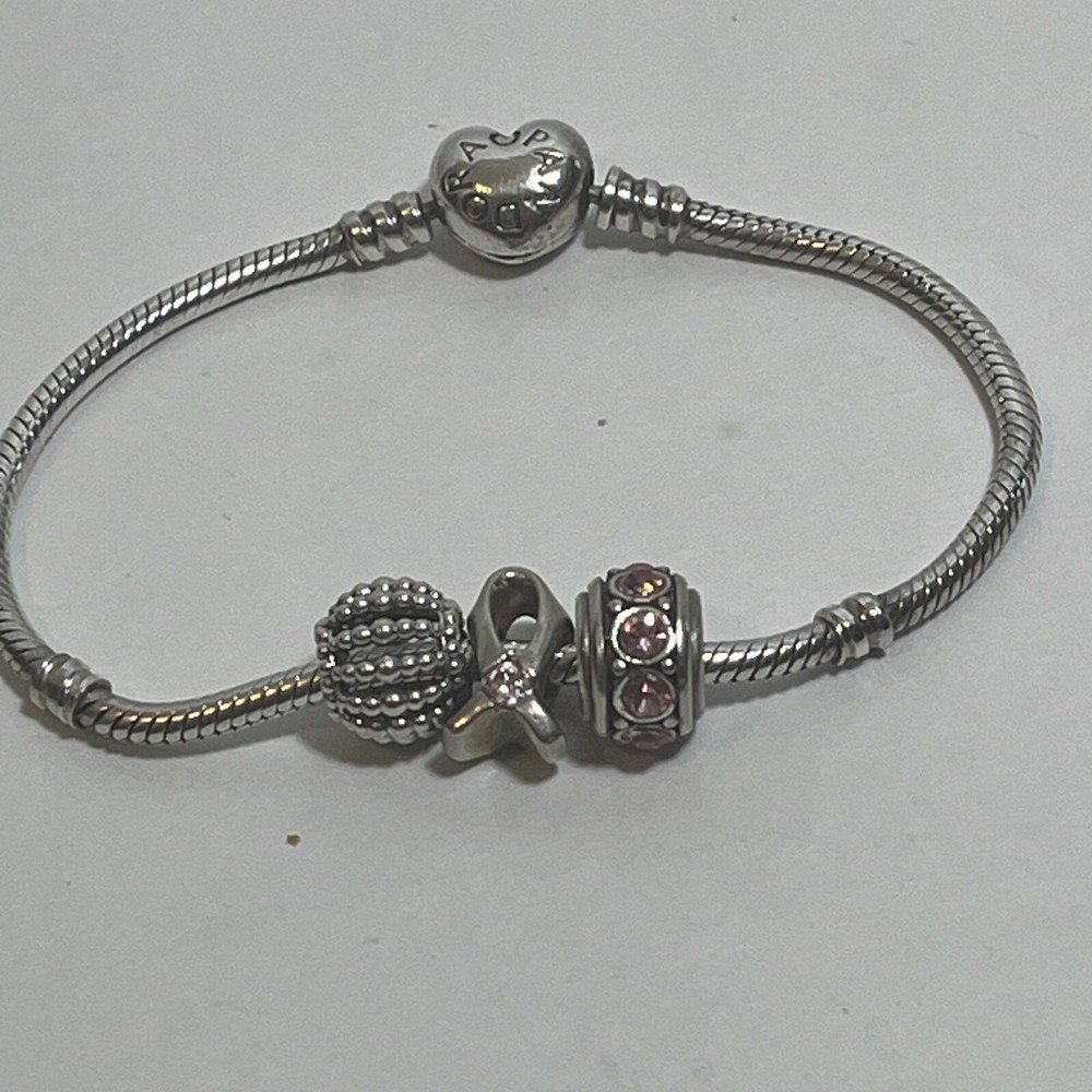 Authentic Pandora Sterling Silver Breast Cancer Charm Bracelet w/Heart Closure