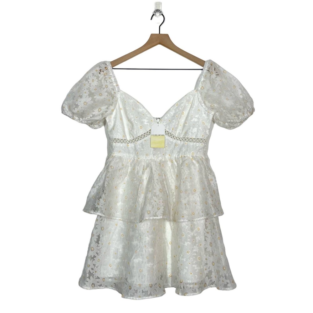 NEW Lena Party A-Line Dress Women's Size Medium White Floral Applique Layered