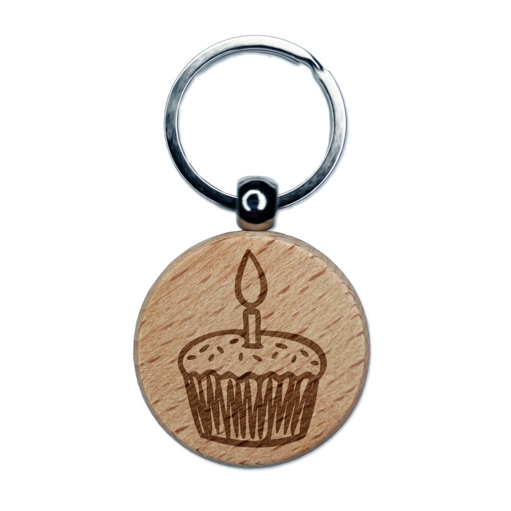 Sprinkled Birthday Cupcake with Candle Engraved Wood Round Keychain Tag Charm
