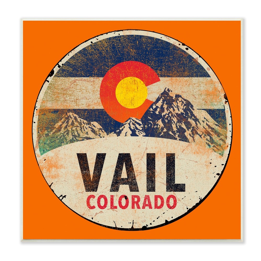 Stupell Vintage Vail Colorado Pendant Snowy Mountains Bold Orange 12 x 12