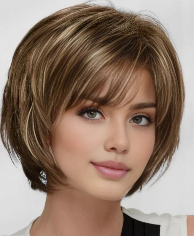 Fashion Women's Layered Short Brown Mix Blond Straight Human Hair Wigs 10 Inch